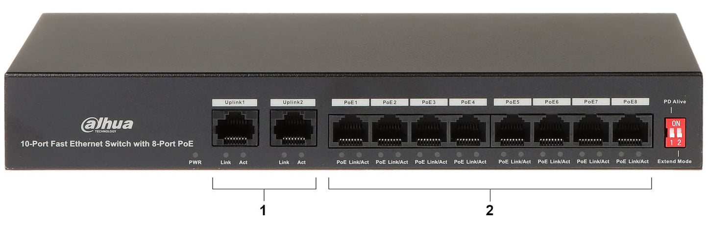 Dahua 8 kanaals PoE switch met 2 keer uplink De Securitywinkel