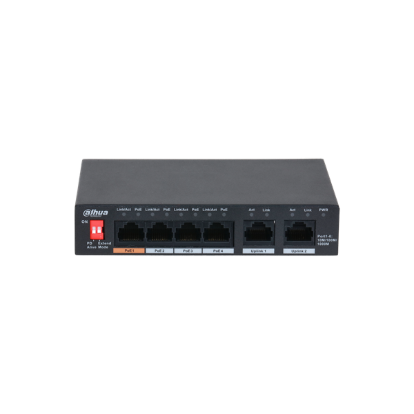 Dahua 4 kanaals PoE gigabit switch met 2 keer uplink 4 poort PoE switch De Securitywinkel